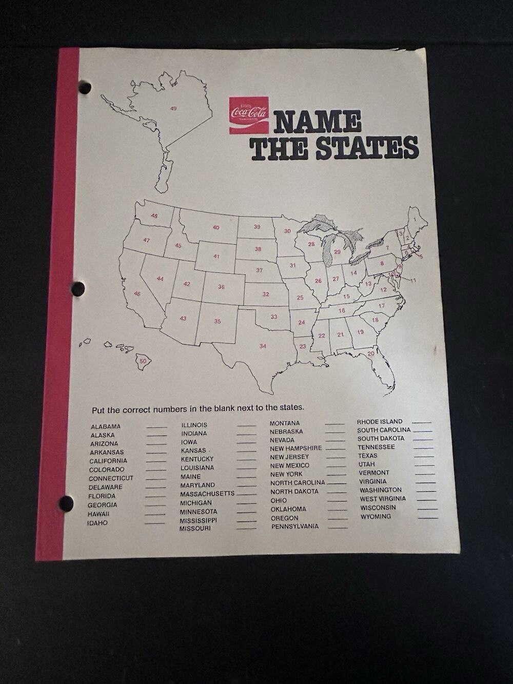 Vintage 1985 Coca-Cola Name The States Educational Activity Workbook Map Unused
